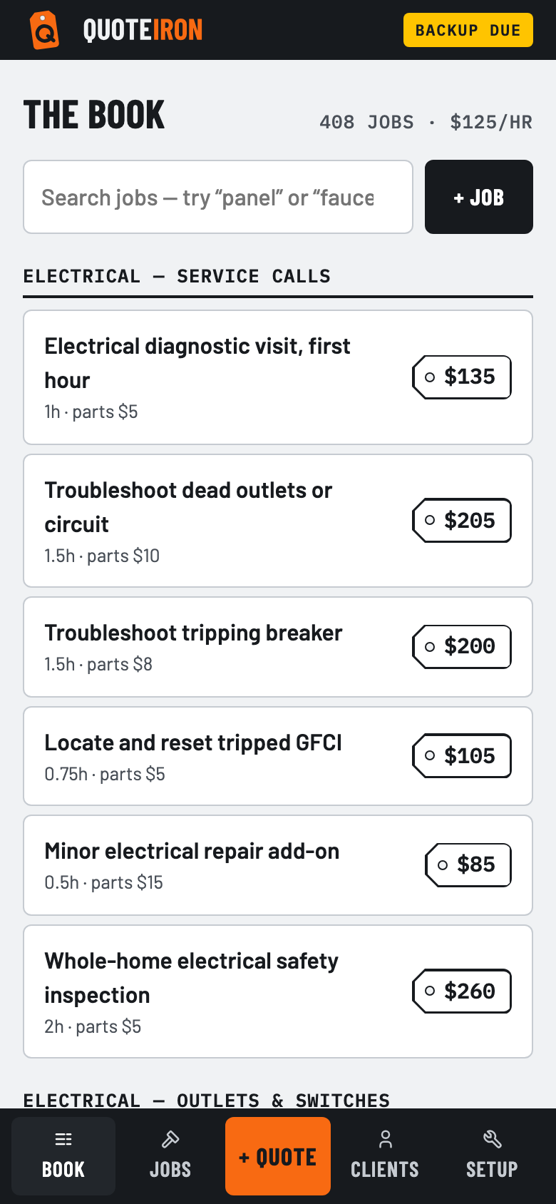 The Book screen: 408 jobs at $125 an hour, a list of priced electrical jobs like a diagnostic visit at $135.